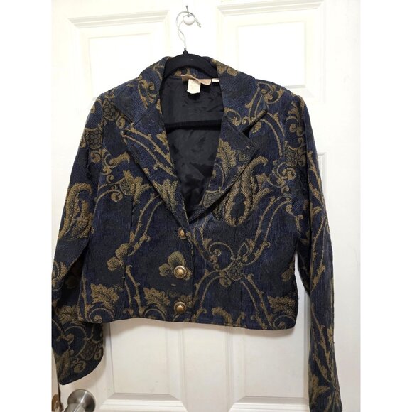Vintage Painted Pony Women's Y2K 90s Bohemia Cropped Jacquard Blazer Medium Blue - Picture 2 of 7